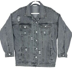 Denim Jean Jacket Womens SZ M Gray Button down Distressed Ripped Silver studs